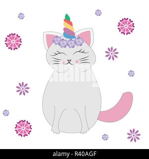 Cute cat con corno di unicorno o caticorn. Può essere usato come un biglietto di auguri, adesivo, kids t-shirt design, stampa o poster.Vettore. Illustrazione Vettoriale