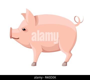 Rosa big pig con coda a ricciolo. Fattoria animale domestico. In stile appartamento di design degli animali. Illustrazione di vettore isolato su sfondo bianco. Illustrazione Vettoriale