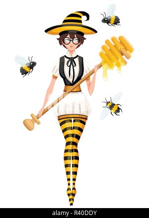 Carino marrone capelli miele strega battenti con api. Azienda femmina miele bilanciere, bacchetta magica. A righe in stile bee costume. Appartamento illustrazione vettoriale isolati su Illustrazione Vettoriale