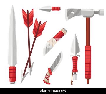 Tomahawk ax, coltelli, pugnali e frecce. Articoli per la sopravvivenza, freddo i bracci in acciaio. Appartamento illustrazione vettoriale su sfondo bianco. Illustrazione Vettoriale