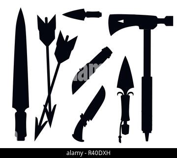 Silhouette nera. Tomahawk ax, coltelli, pugnali e frecce. Articoli per la sopravvivenza, freddo i bracci in acciaio. Appartamento illustrazione vettoriale su sfondo bianco. Illustrazione Vettoriale