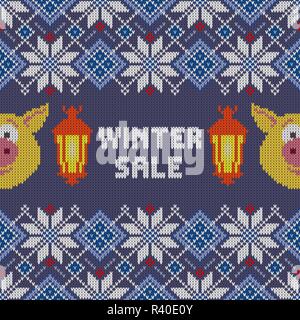 Inverno vendita. Senza soluzione di continuità in maglia di lana modello di Natale con giallo suini e lanterne di masterizzazione Illustrazione Vettoriale