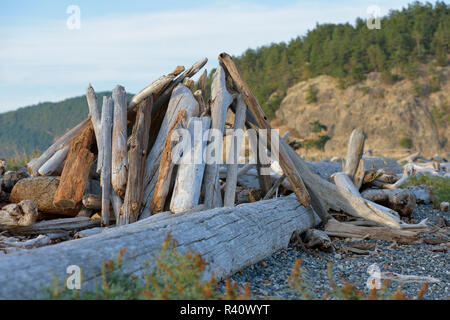 Stati Uniti d'America, nello Stato di Washington. Le Isole San Juan, Lopez Island. Registri Driftwood impilati sulla spiaggia di ghiaia. Spencer Spit Foto Stock