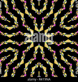 Abstract moderno sfondo geometrico, seamless stella marrone giallo con elementi viola sul nero,cospicue e ampia Foto Stock