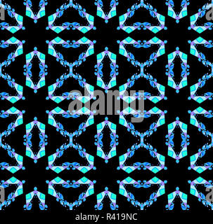 Abstract griglia geometrica sfondo, seamless pattern stelle blu, viola e verde menta su nero Foto Stock