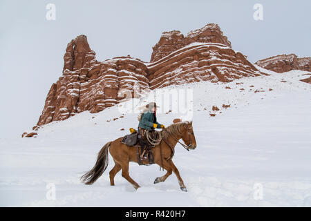 Cowgirl cavalcare il suo cavallo in inverno lungo il Red Rock area, nascondiglio Ranch, Shell, Wyoming. (MR, PR) Foto Stock