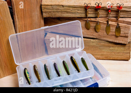 Esche da pesca su sfondo di legno. Foto Stock