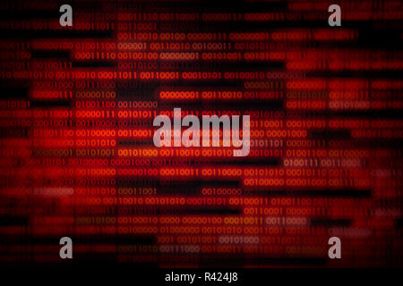 Dati danneggiati. red codice binario con pezzi mancanti. La tecnologia del computer problema errore di virus darknet hacking e background. computer i dati linguistici tr Foto Stock