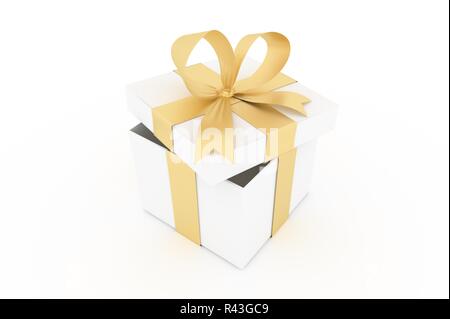 Confezione regalo con nastro dorato e bow e semi-aperto il coperchio Foto Stock