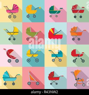 La PRAM passeggino carrello culla buggy set di icone. Illustrazione piatta di 16 pram passeggino carrello culla buggy icone vettoriali per il web Illustrazione Vettoriale