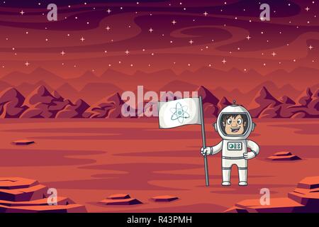 Un astronauta stand con bandiera su Marte Illustrazione Vettoriale
