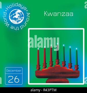 Kwanzaa. African American festival negli Stati Uniti. Kinara e 7 candele di colori tradizionali. Calendario. Vacanze in tutto il mondo. Verde la sfocatura B Illustrazione Vettoriale