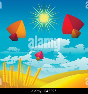Makar Sankranti. Il Kite Festival in India. Solstizio d'inverno Harvest Festival. Paesaggio con cielo, sole e nuvole. Il giallo dei campi di grano, frumento orecchie. In Illustrazione Vettoriale