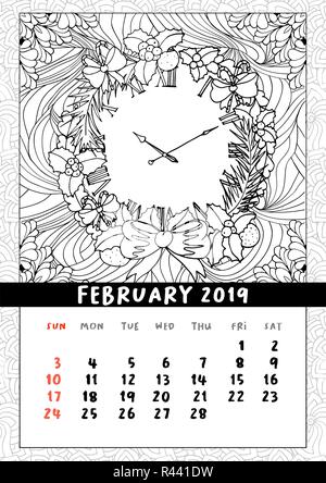 Ghirlanda di Natale orologio, libro da colorare pagina calendario. Buon Natale e Felice Anno Nuovo calendario per il secondo mese di inverno Febbraio 2019. Mono outline stile doodle, pattern illustrazione vettoriale Illustrazione Vettoriale