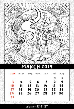 Sciare a Natale calendario, Calendario Marzo 2019. Sport invernali sulle vacanze, sciare sulle piste innevate e scena. Doodle libro da colorare le pagine. Contorno del vettore illustrazione monocromatica Illustrazione Vettoriale