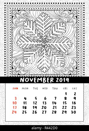 Il simbolo del fiocco di neve libro da colorare page, Calendario Novembre 2019. Handdraw doodle illustrazione nella cornice quadrata. Bianco e nero line art poster. Vettore, pattern Illustrazione Vettoriale