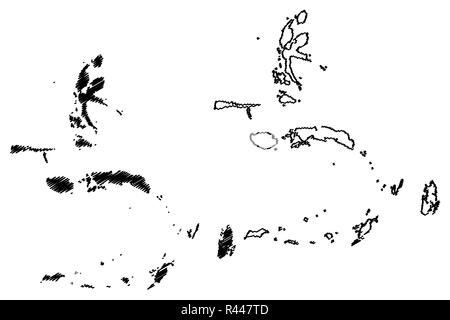 Isole Molucche (suddivisioni di Indonesia, Province di Indonesia) mappa illustrazione vettoriale, scribble schizzo Molucche (isole delle Spezie, Maluku, Nord Mal Illustrazione Vettoriale