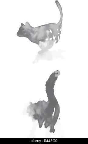Bianco e nero modello di inchiostro di due gatti in stile cinese di arte. Illustrazione Vettoriale