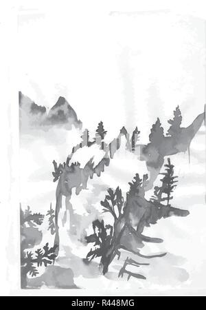 Bianco nero mascara illustrazione cinese di montagne e alberi. Illustrazione Vettoriale