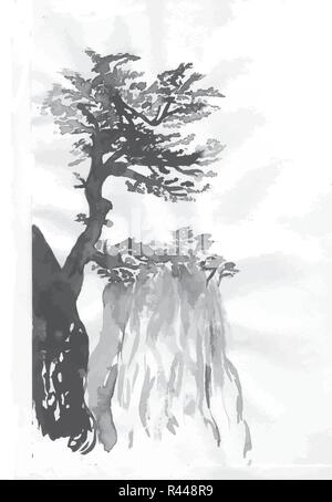 Bianco nero mascara illustrazione cinese di montagne e alberi. Illustrazione Vettoriale