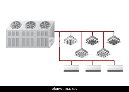 Chiller con cassetta a soffitto e parete unità interne. Raffreddamento ad aria. Illustrazione Vettoriale. HVAC. Illustrazione Vettoriale