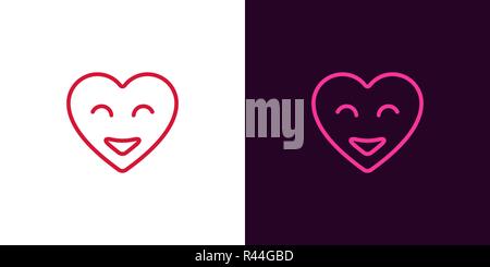 Gli Emoji cuore illustrazione. Icona del vettore di cuore con il sorriso in stile contorno. Rosso e rosa versione Illustrazione Vettoriale