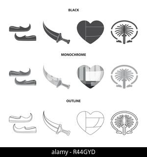 Scarpe orientale, pugnale, il cuore degli emirati,Palm Jumeirah.emirati arabi set di icone di raccolta in nero,monocromatico, Outline stile simbolo di vettore di stoc Illustrazione Vettoriale