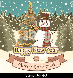 Buon Natale e Felice Anno Nuovo card, poster, striscioni, cartoon colorato disegno, illustrazione vettoriale, vacanze sfondo. Carino pupazzo di neve con decorare Illustrazione Vettoriale