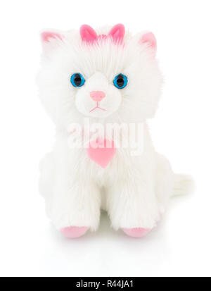 Cat plushie doll isolato su sfondo bianco con ombre di riflessione. Gatto ripieni di peluche pupazzetto su sfondo bianco. Foto Stock