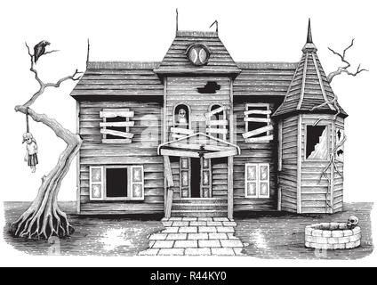 Ghost house del disegno a mano in stile vintage isolare su sfondo bianco,Halloween simbolo di giorno e lo sfondo Illustrazione Vettoriale