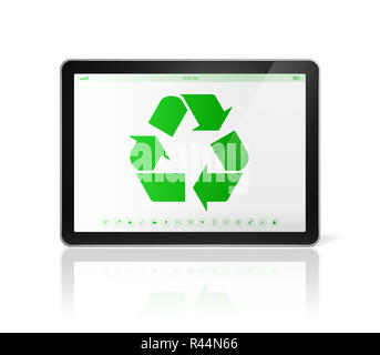 Digital tablet PC con un simbolo di riciclaggio sullo schermo. la conservazione ambientale concetto Foto Stock