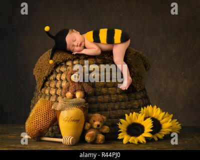 Carino il bambino dorme in bee outfit sulla sommità di antichi alveare Foto Stock
