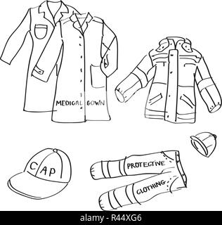 Set di disegnati a mano workwear scarabocchi isolato su uno sfondo bianco. Illustrazione Vettoriale