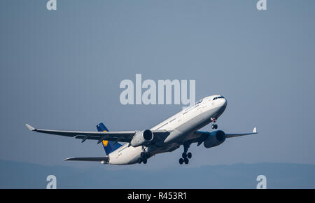 17 novembre 2018, Assia, Frankfurt/Main: Un Airbus A330 della compagnia Lufthansa è in salita poco dopo il decollo dall'aeroporto. Foto: Sila Stein/dpa Foto Stock