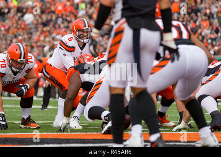 Cincinnati, OH, Stati Uniti d'America. Novembre 25th, 2018: Cincinnati Bengals quarterback Jeff Driskel (6), invita a giocare sul cantiere di una linea in un gioco tra il Cleveland Browns e Cincinnati Bengals il 25 novembre 2018 a Paul Brown Stadium di Cincinnati, OH. Adam Lacy/CSM. Credito: Cal Sport Media/Alamy Live News Foto Stock