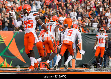 Cincinnati, OH, Stati Uniti d'America. Novembre 25th, 2018: Cleveland Browns manualmente l'estremità David Njoku (85) reagisce alla folla dopo segnando un touchdown in un gioco tra il Cleveland Browns e Cincinnati Bengals il 25 novembre 2018 a Paul Brown Stadium di Cincinnati, OH. Adam Lacy/CSM. Credito: Cal Sport Media/Alamy Live News Foto Stock