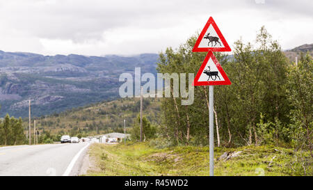 Segno di traffico con le renne e le alci lungo la strada in Scandinavia Foto Stock