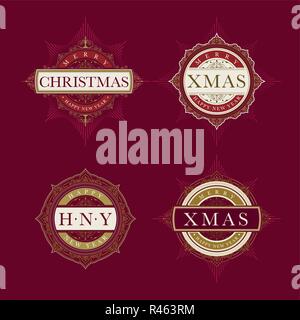 Vettore elegante lusso Natale e Felice Anno Nuovo vettore modello emblema set. Illustrazione Vettoriale