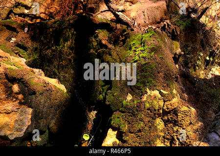 Parete naturale di roccia marrone sulla luce del tramonto. Foto Stock