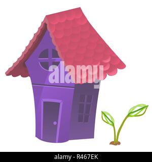Compact favolosa Casa viola con tetto rosa isolato su sfondo bianco. Vector cartoon close-up illustrazione. Illustrazione Vettoriale