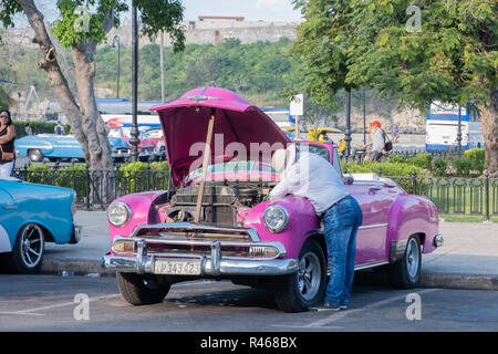 Voce maschile che indossa un cappello staw effettuare una riparazione al suo vintage americano auto su un centro di Havana street. Foto Stock