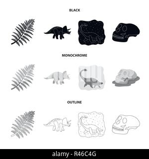 Mare,dinosauro triceratops, impianto di epoca preistorica, teschio umano. Dinosauro e periodo preistorico set di icone di raccolta in nero,monocromatico, stile contorno vecto Illustrazione Vettoriale