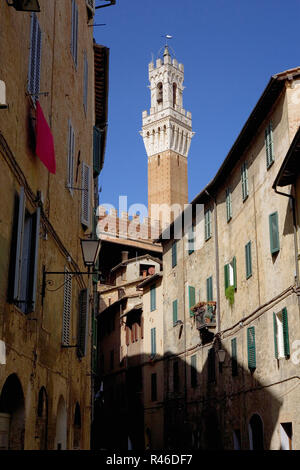 Via Giovanni Duprè e la Torre del Mangia, Contrada dell'Onda, Siena, Toscana, Italia Foto Stock