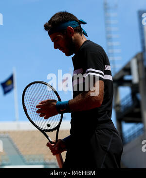 Argentina di giocatore di tennis Juan Martin Del Potro holding racchetta da tennis iduring French Open 2018, Parigi, Francia Foto Stock