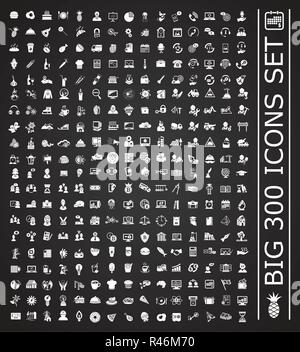 Grande 300 set di icone su sfondo nero per grafica e web design, moderno vettore semplice segno. Concetto di Internet. Il simbolo alla moda per il design del sito web o del pulsante mobile app Illustrazione Vettoriale