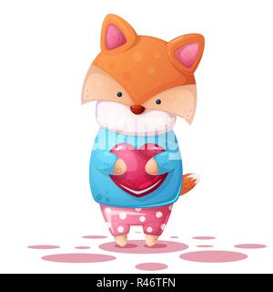 Carino fox e cuore illutration. Illustrazione Vettoriale