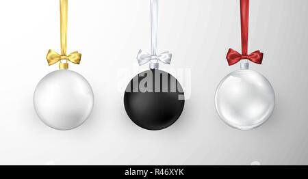 Set di palle di Natale. Lucida realistico Natale e Anno Nuovo addobbi per l'albero. Bianco nero e vetro vacanza tradizionale realistico palle di Natale. Vect Illustrazione Vettoriale