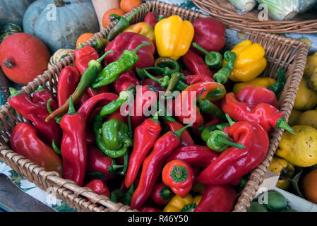 Un assortimento di peperoni in mostra presso il Mercato degli Agricoltori in Castle Terrace, Edimburgo, Scozia, Regno Unito. Foto Stock