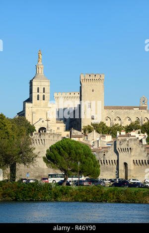 Avignon Cattedrale Notre Dame des Doms chiesa e torre medievale, Tour de la Campagne, Palazzo dei Papi, il Palais des Papes, o Palazzo dei Papi di Avignone Foto Stock