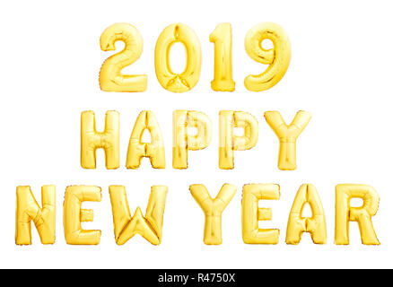 Felice Anno Nuovo 2019 Messaggio di congratulazioni fatte di golden palloncini gonfiabili isolato su bianco Foto Stock